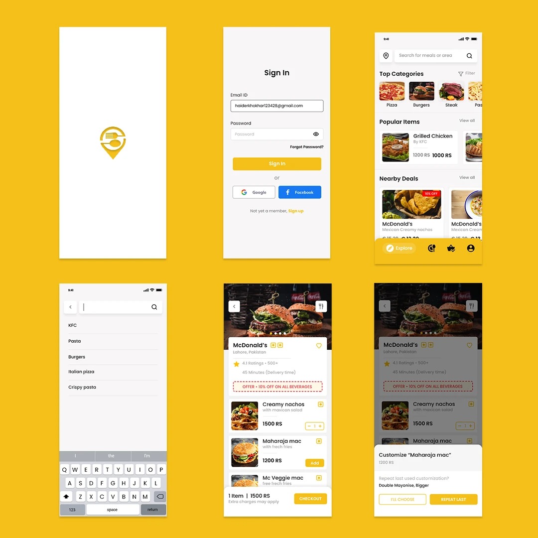 Splash, sign in, home, search and restaurant screens