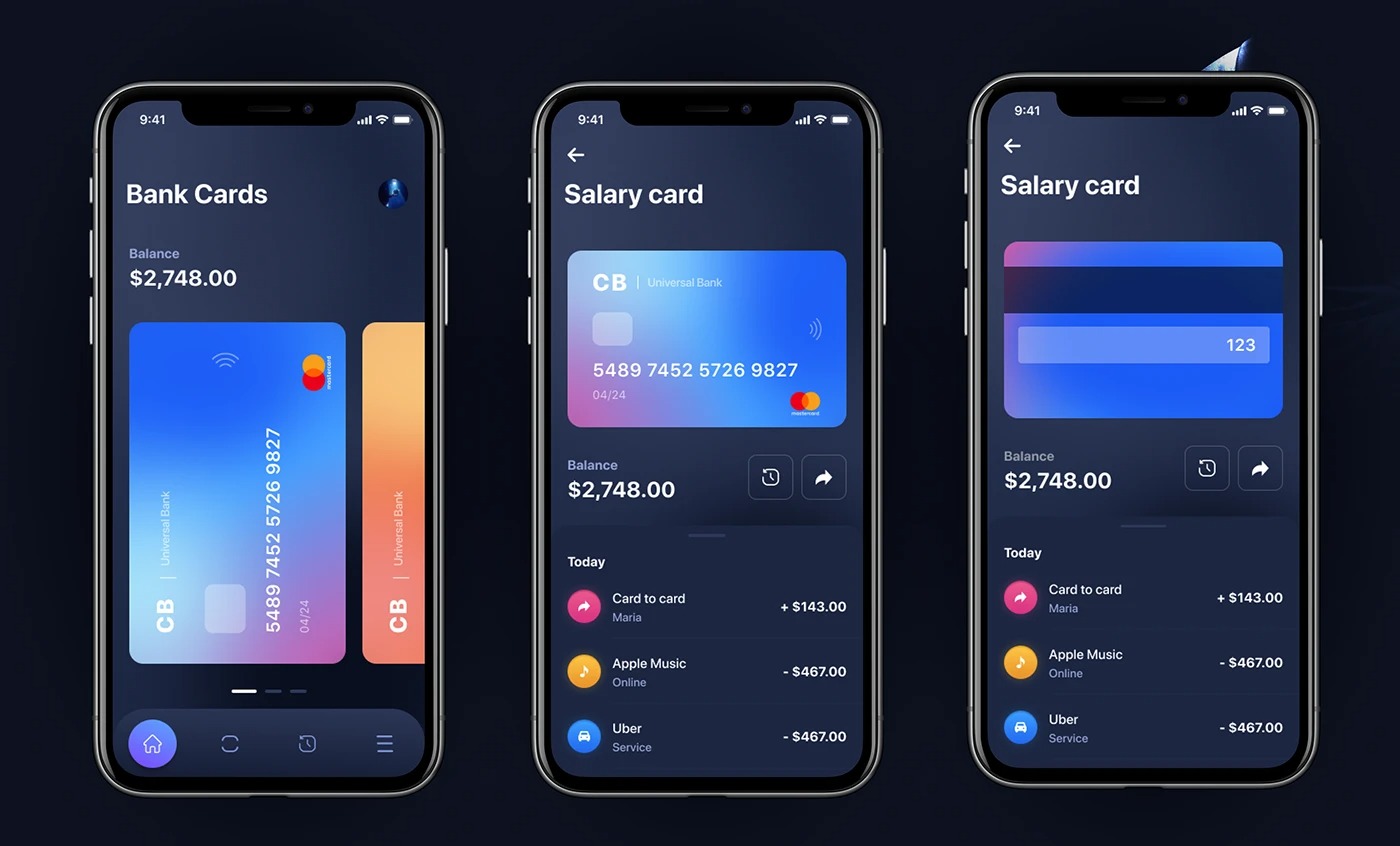 Bank cards and salary card screens