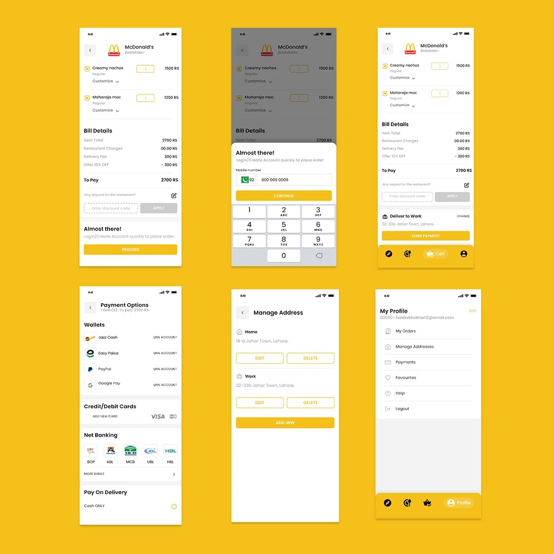 Cart, checkout, payment, address and profile screens