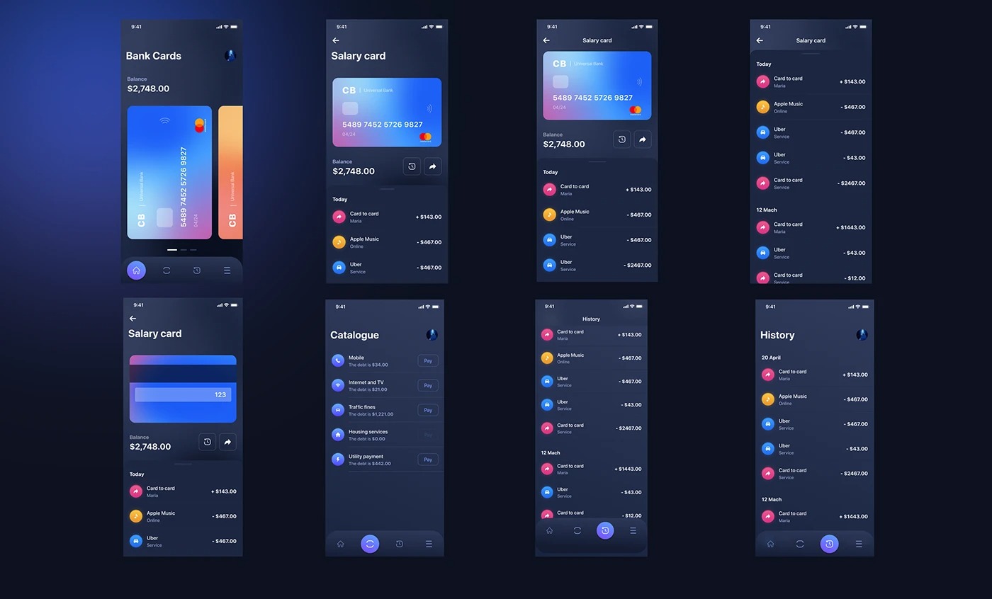 Eight mobile banking screens